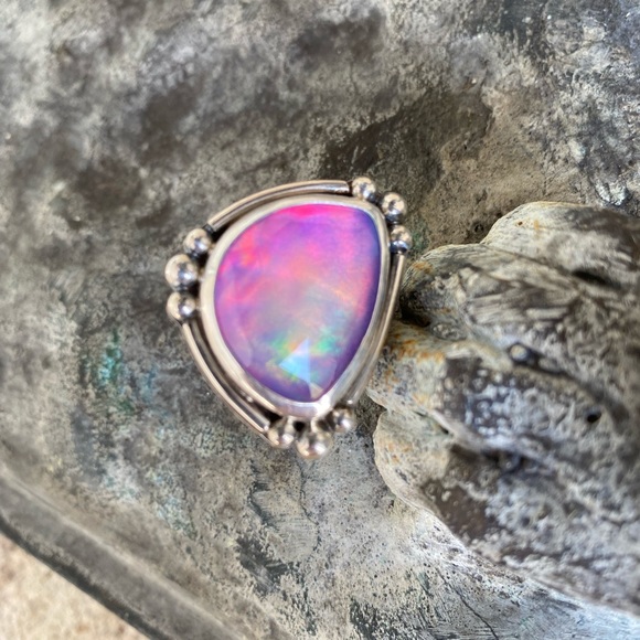 Huge sterling silver wide band synthetic opal ring size 8 - see video! - Picture 12 of 13